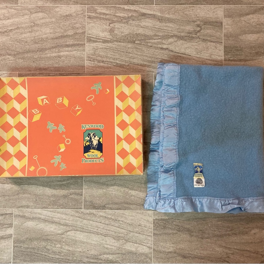Vintage 1950s Kenwood Blue Wool Baby Blanket with Satin Edge With Box 50”x36”